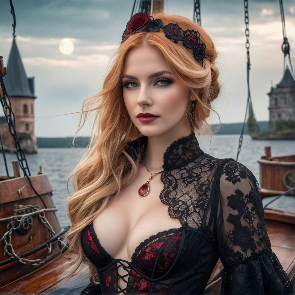 Elegant Woman in Lace Gown on Vintage Boat at Night