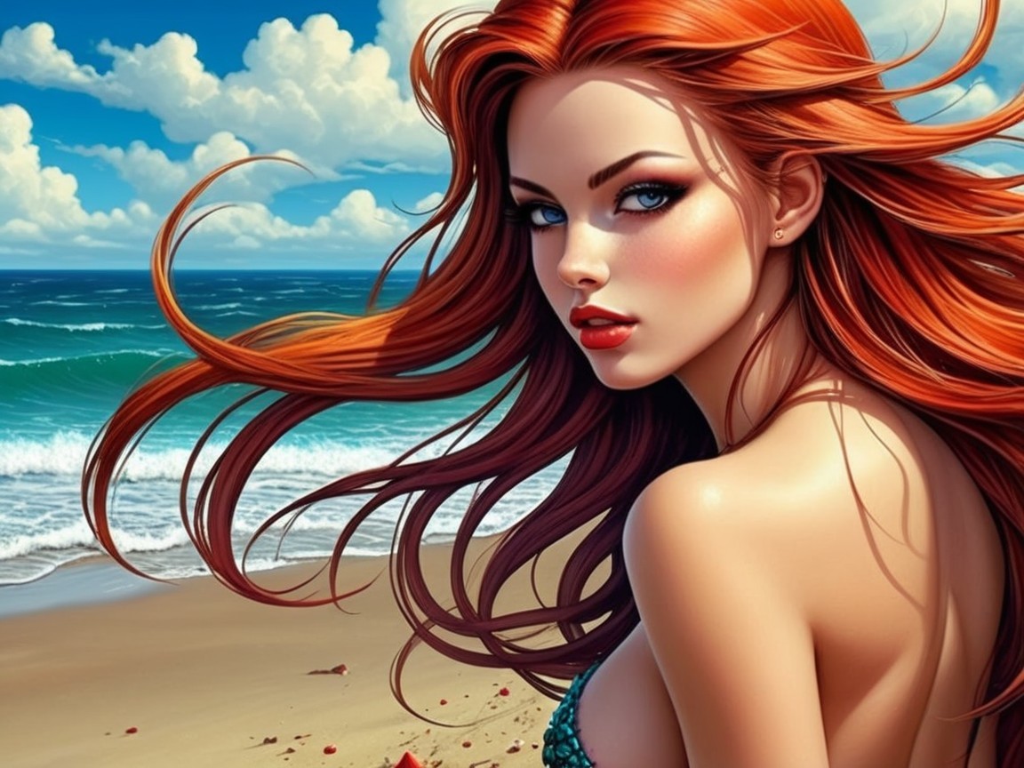 Woman with Red Hair at Beach Under Blue Sky