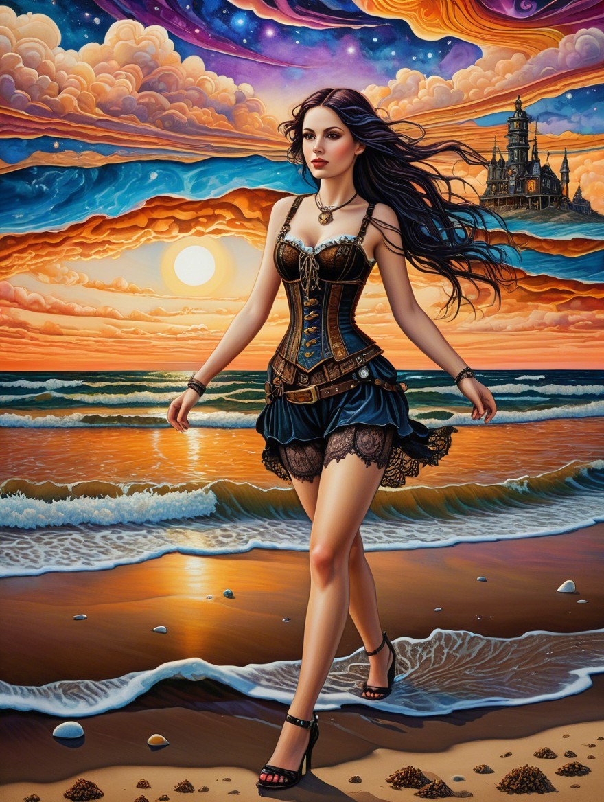 Young Woman on Beach at Sunset with Castle Silhouette