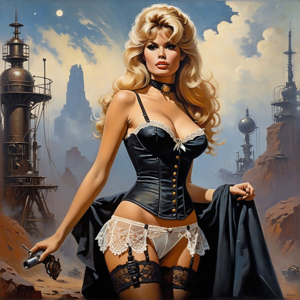 Confident Woman in Corset in Futuristic Desert Scene
