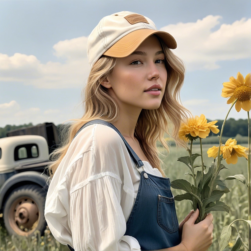 Young Woman in Sunflower Field with Rustic Truck