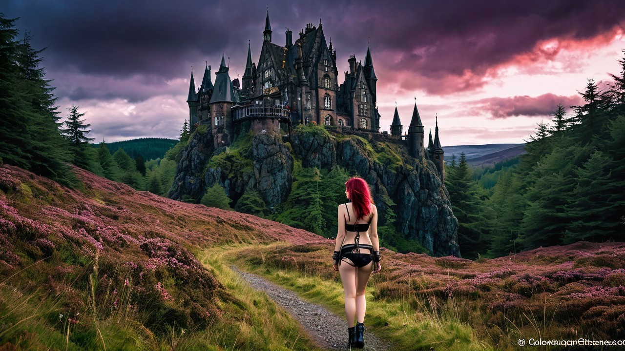 Red-haired figure on path to gothic castle landscape