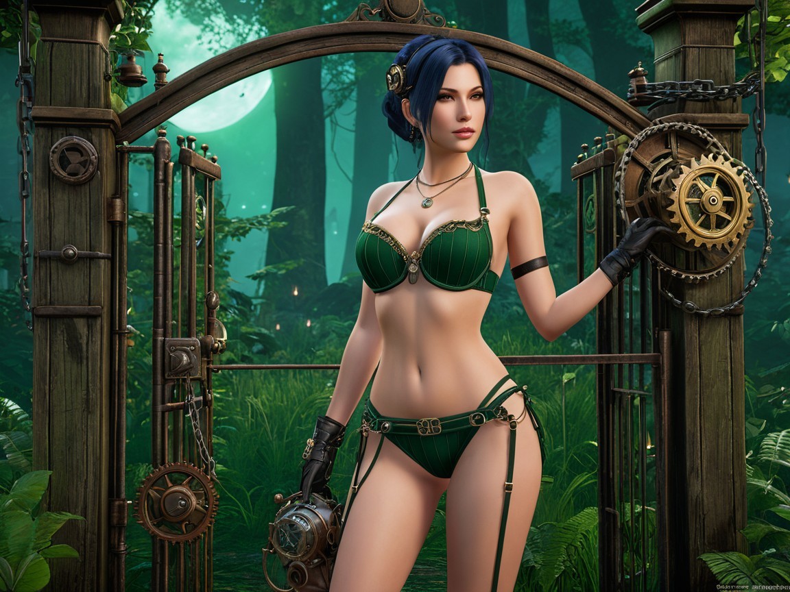 Character in Steampunk Outfit in Lush Forest Setting