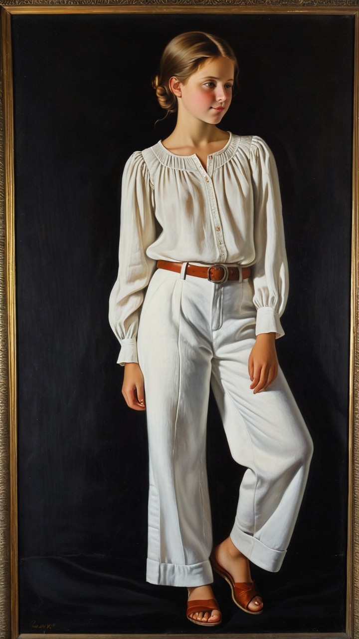 Young girl in white blouse and wide-leg trousers