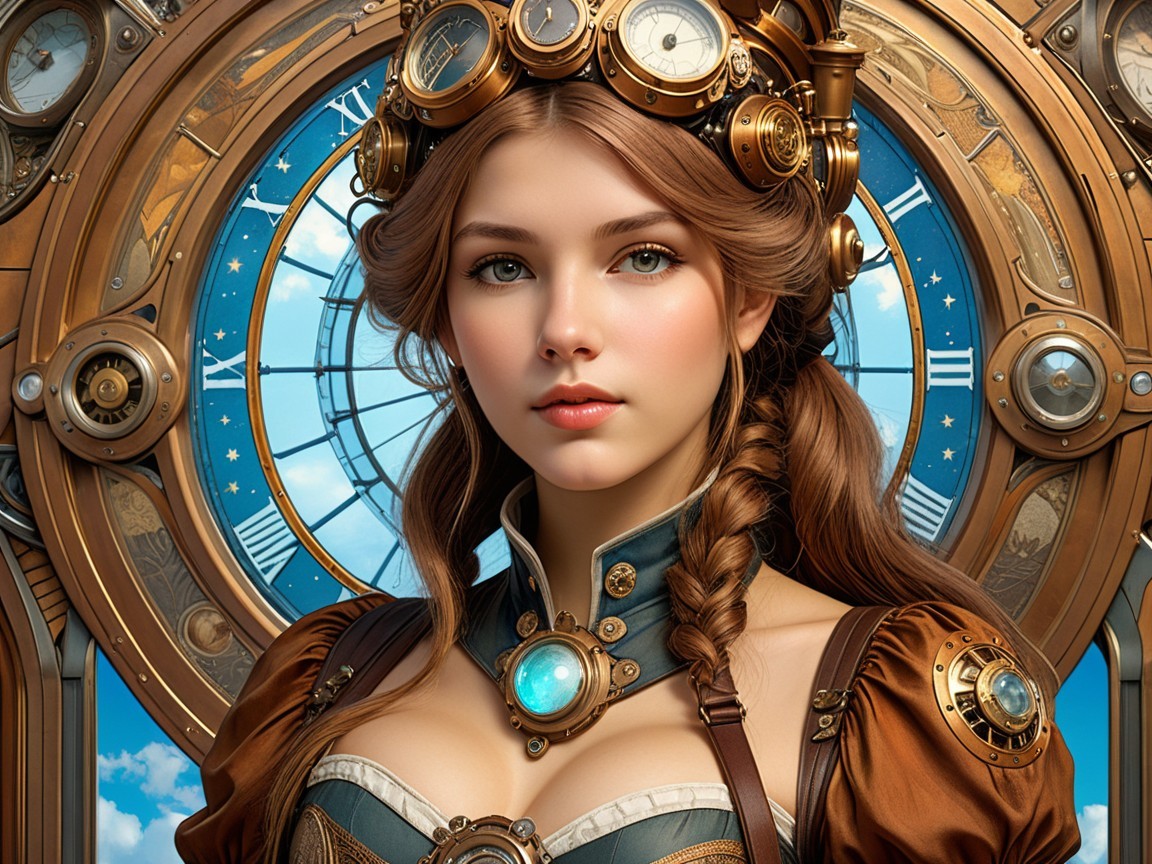 Young woman in steampunk outfit with clockwork backdrop