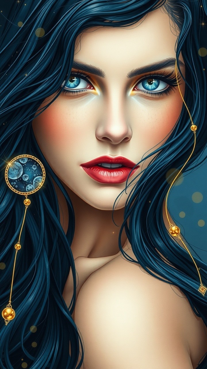 Close-up Portrait of a Woman with Blue Eyes and Dark Hair