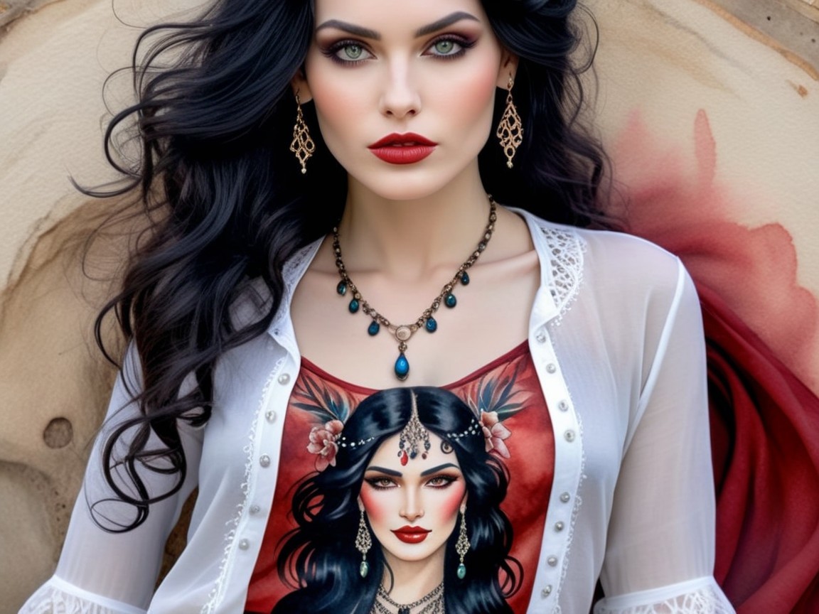 Portrait of a Young Woman with Black Hair and Green Eyes