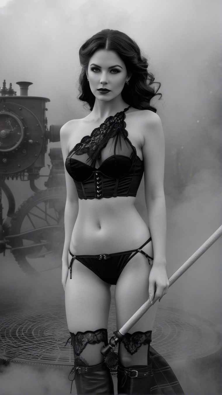 Monochromatic Image of Woman in Lace and Steampunk Setting
