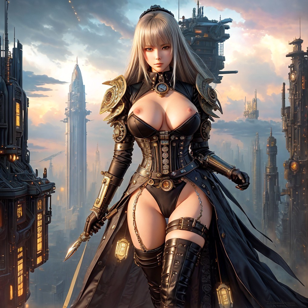 Futuristic Warrior in Cyberpunk Cityscape at Sunset