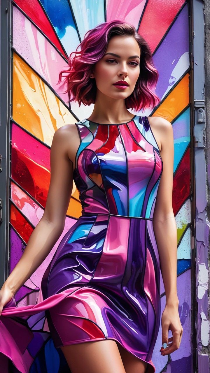 Stylish Woman in Vibrant Multicolored Dress and Hair