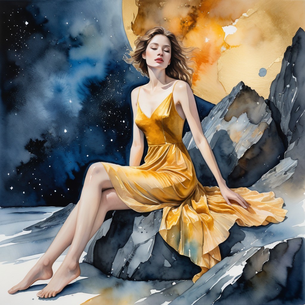 Serene Woman in Golden Dress Under Starry Night Sky