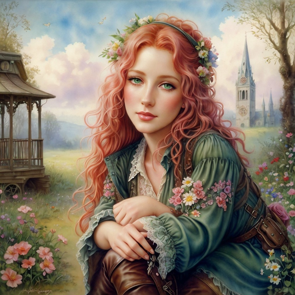 Young woman in floral crown amid serene landscape