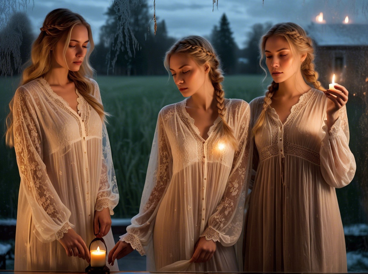 Blonde Women in Translucent Nightgowns at Dusk