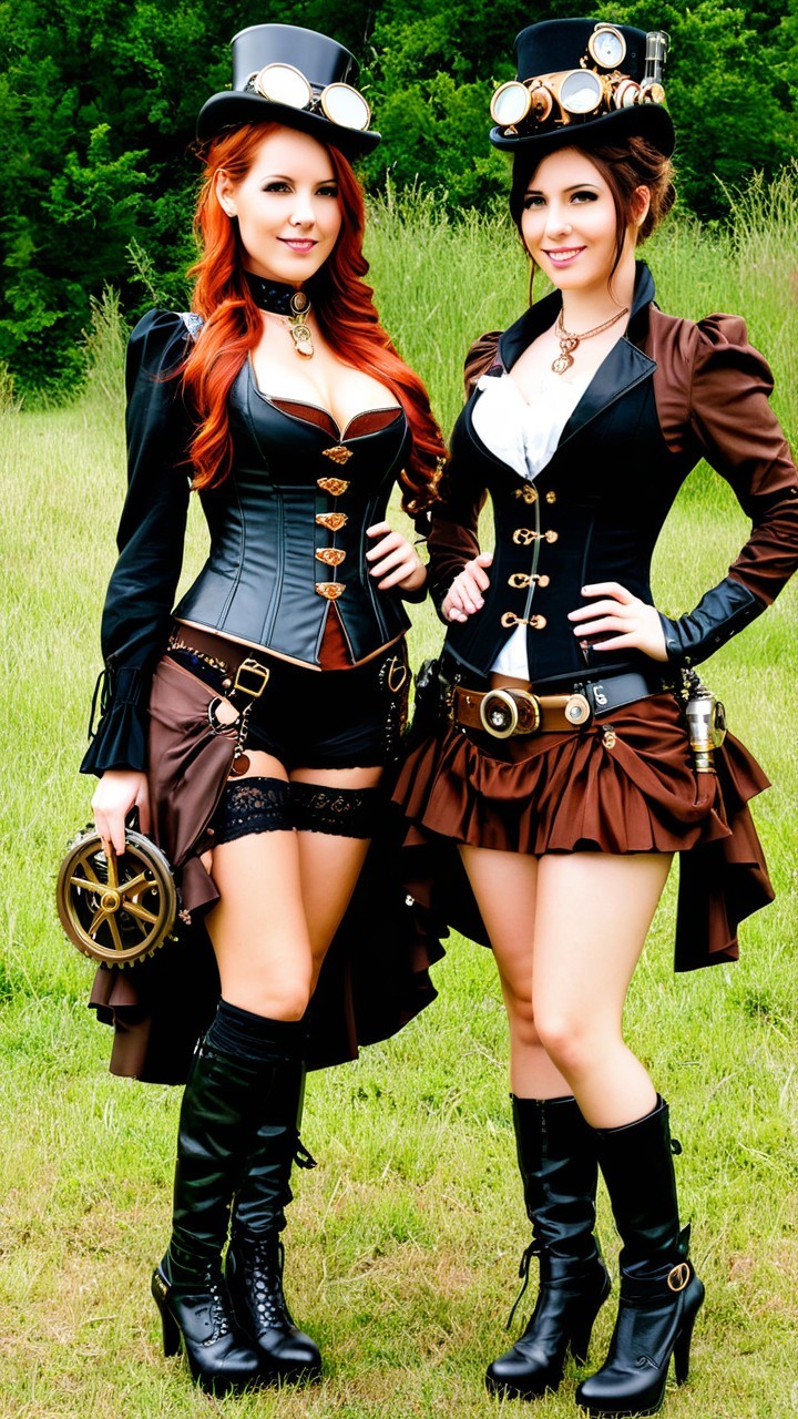 Women in Steampunk Outfits in Green Field