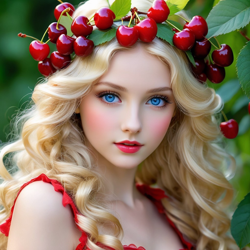 Young Woman with Cherry Crown and Lush Greenery