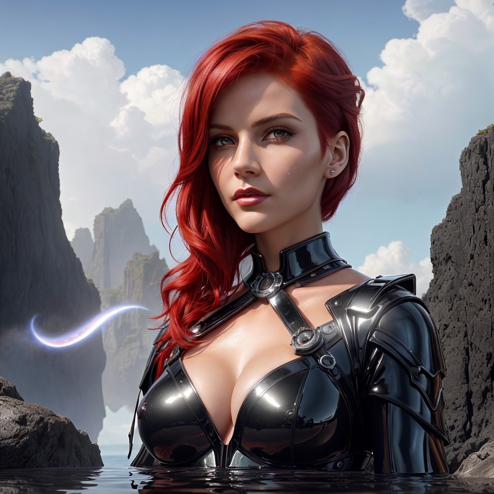 Character in Black Outfit Against Serene Landscape