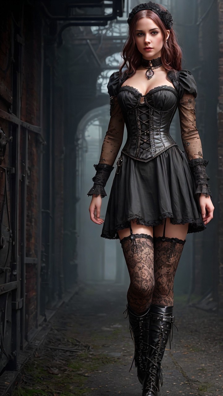 Gothic-Inspired Fashion in an Industrial Setting