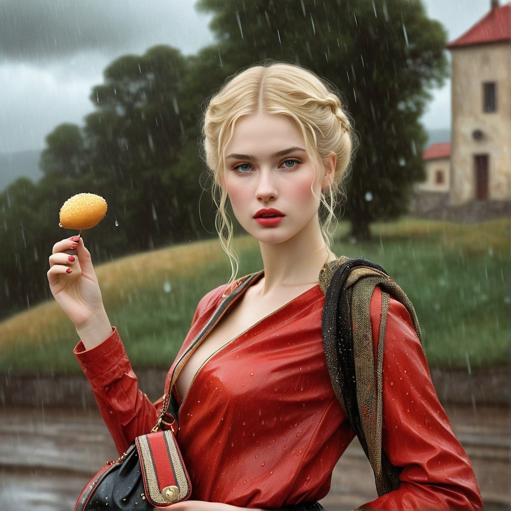 Young woman in red blouse outdoors in the rain