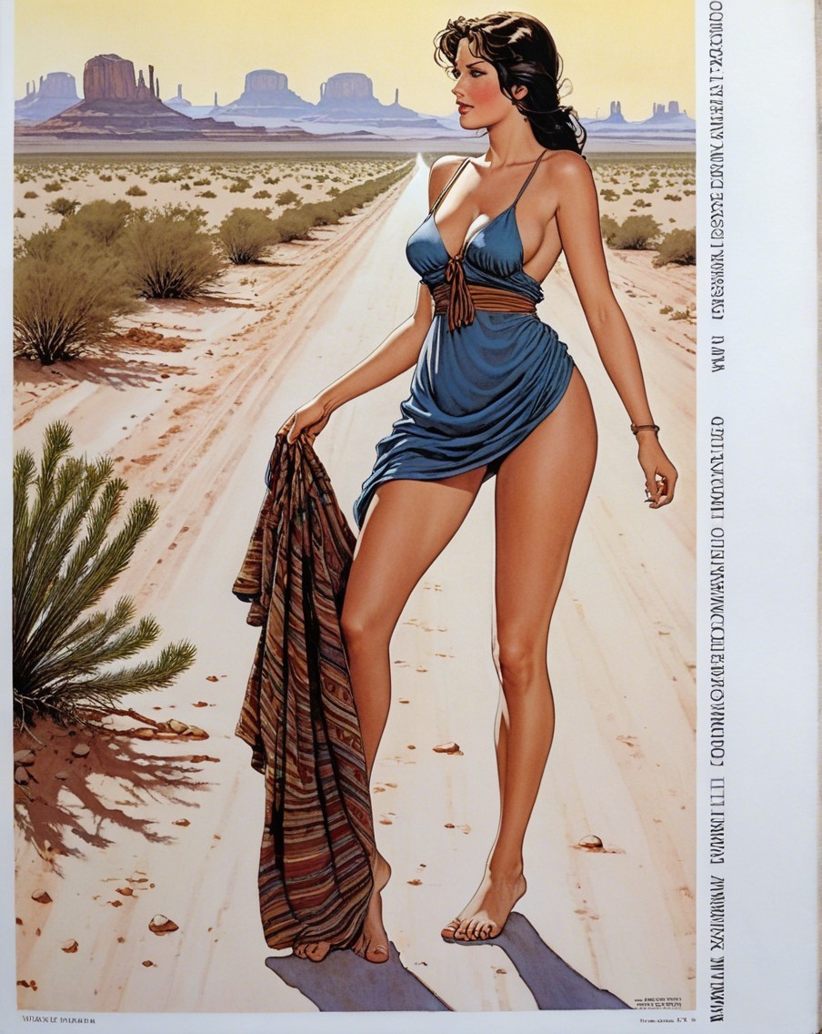 Woman in blue dress on desert road with buttes