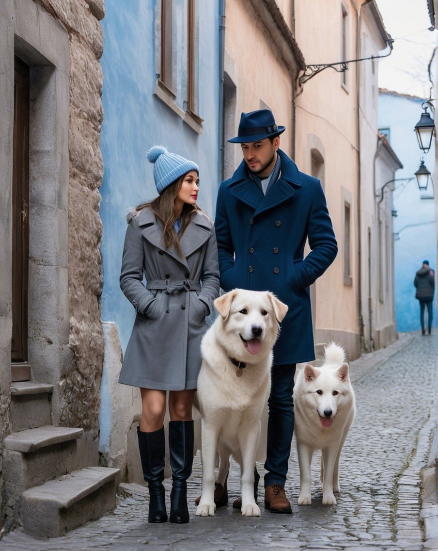 Stylish Couple with Dogs on Cobblestone Street