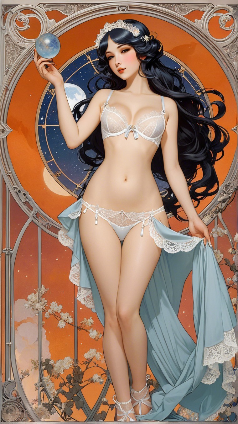 Elegant Woman with Glowing Orb in Night Sky Setting