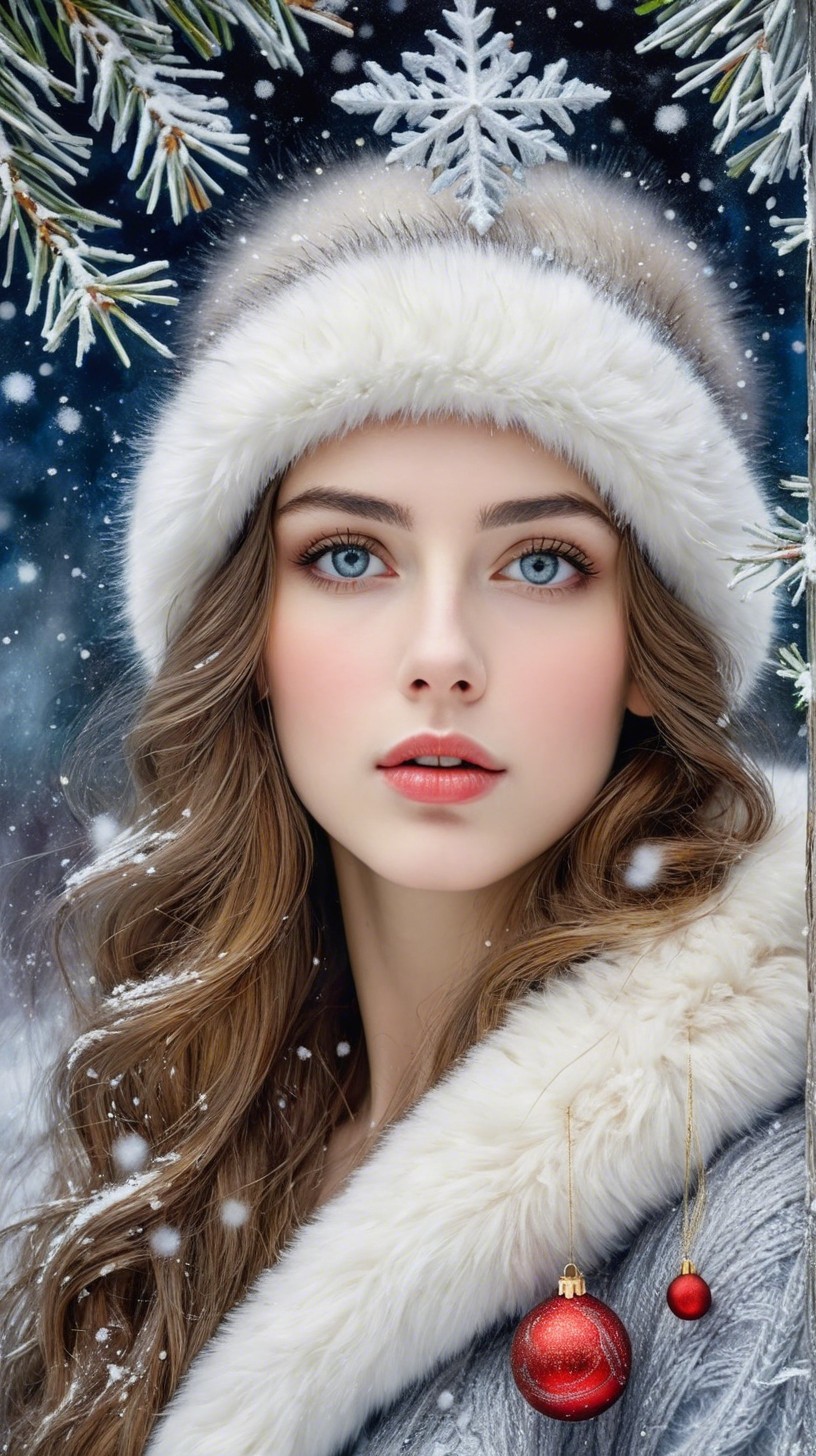 Close-up Portrait of Woman in Winter Scene with Snow