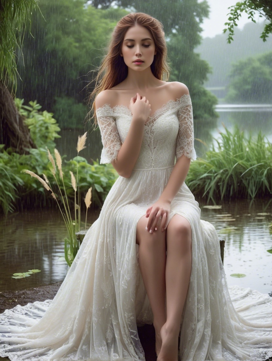 Young Woman in Wedding Dress by Tranquil Pond
