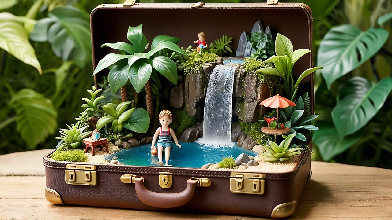 Miniature Diorama of Tropical Scene in Vintage Suitcase