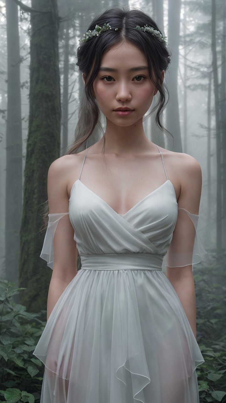 Young woman in sheer gown in misty forest setting