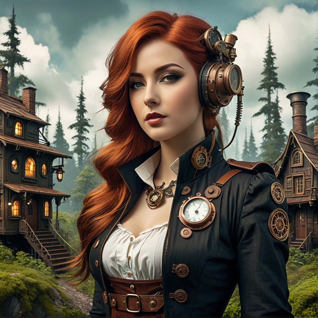 Steampunk Woman in Red Hair and Victorian Setting
