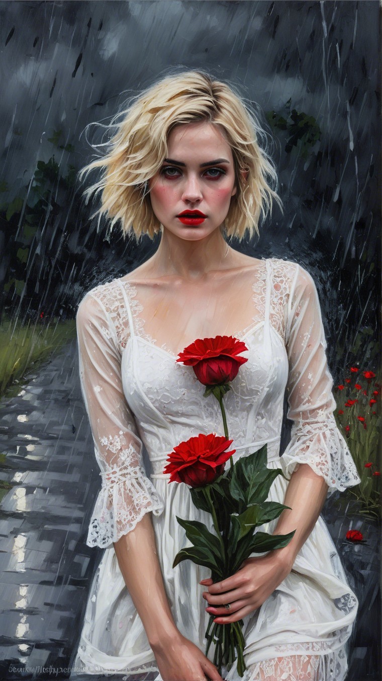Young woman in sheer dress holding roses in rain