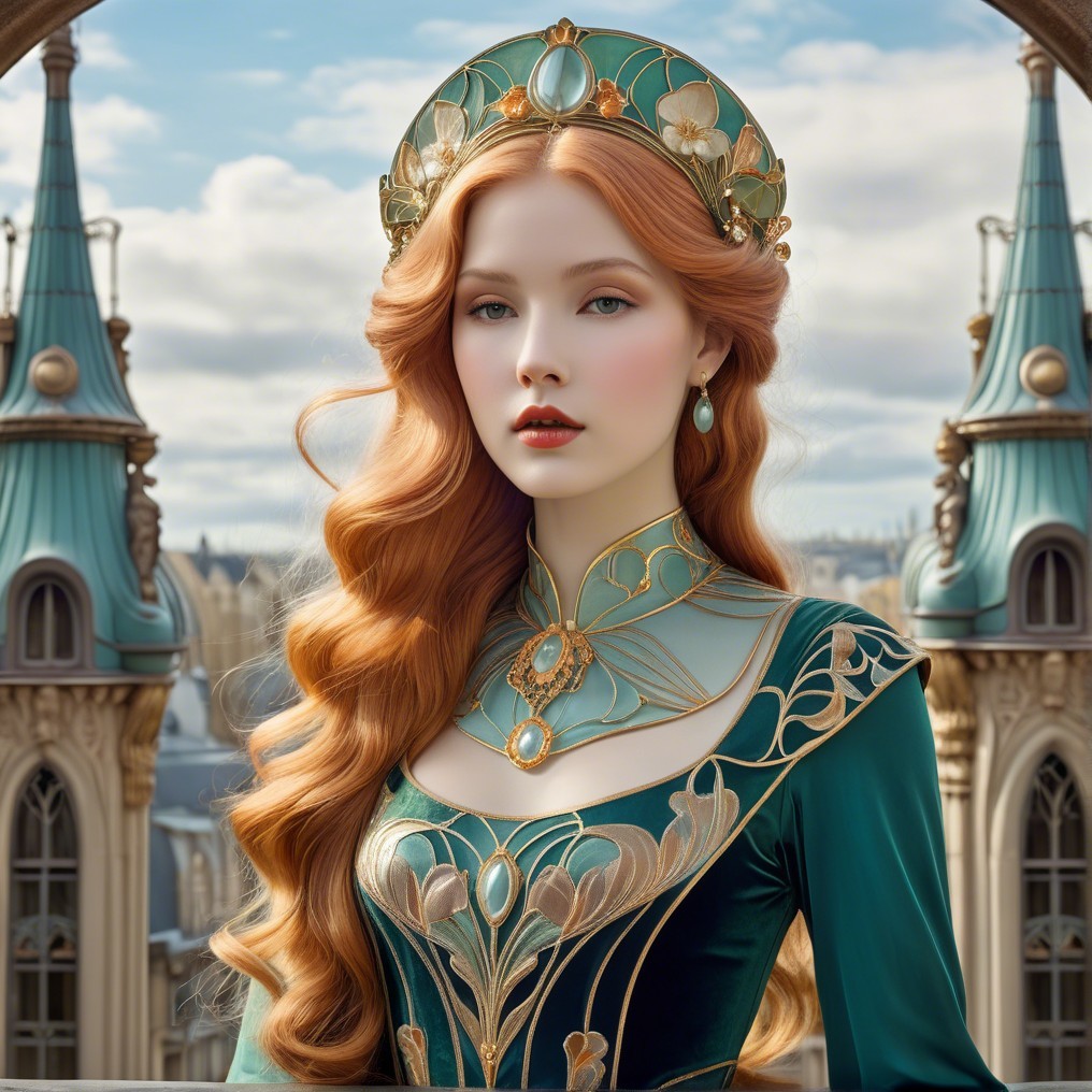 Young Woman in Teal Gown with Regal Background