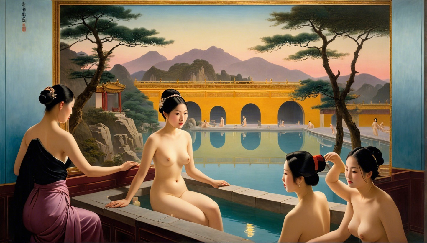 Asian Women Relaxing in Luxurious Outdoor Hot Tub