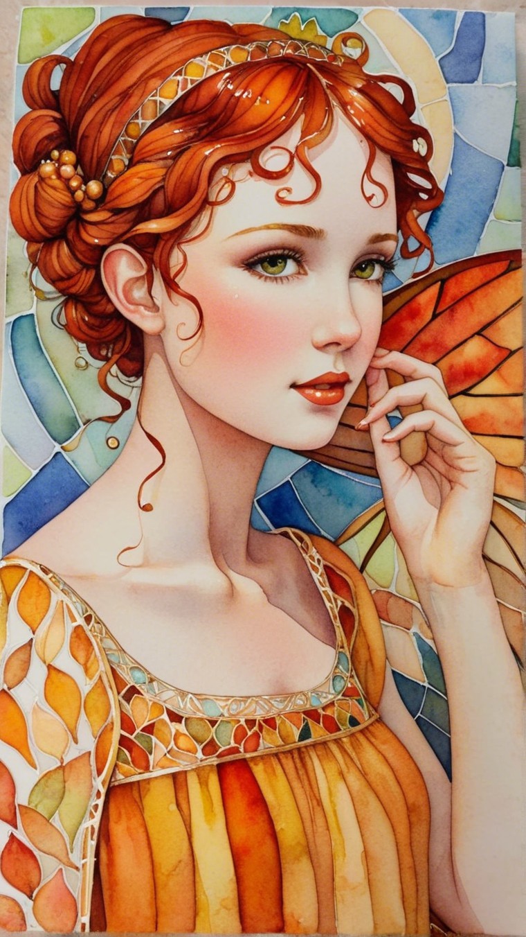 Young woman with red curls and stained glass background