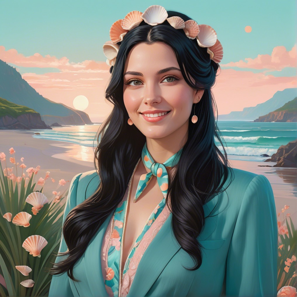 Young woman in teal outfit at serene beach sunset