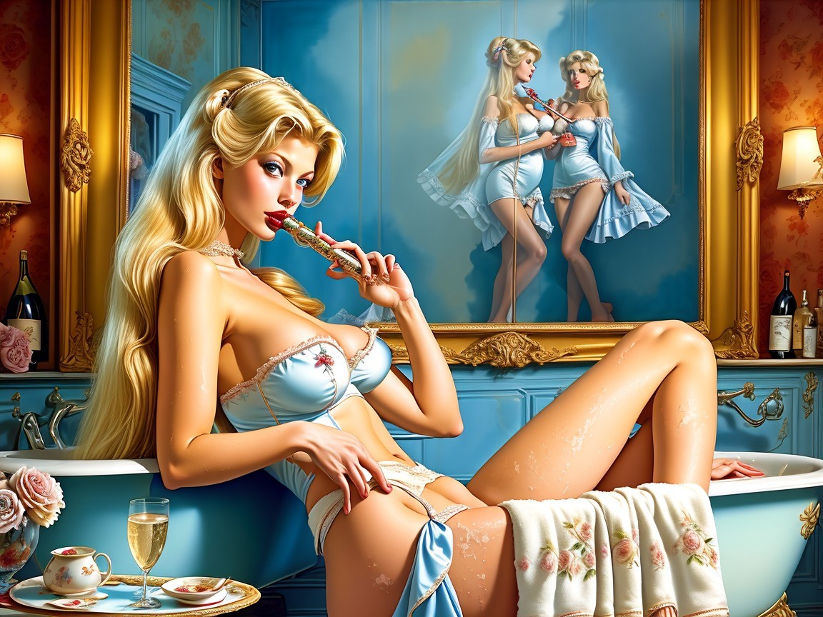 Glamorous Woman in Luxurious Vintage Bathroom Setting