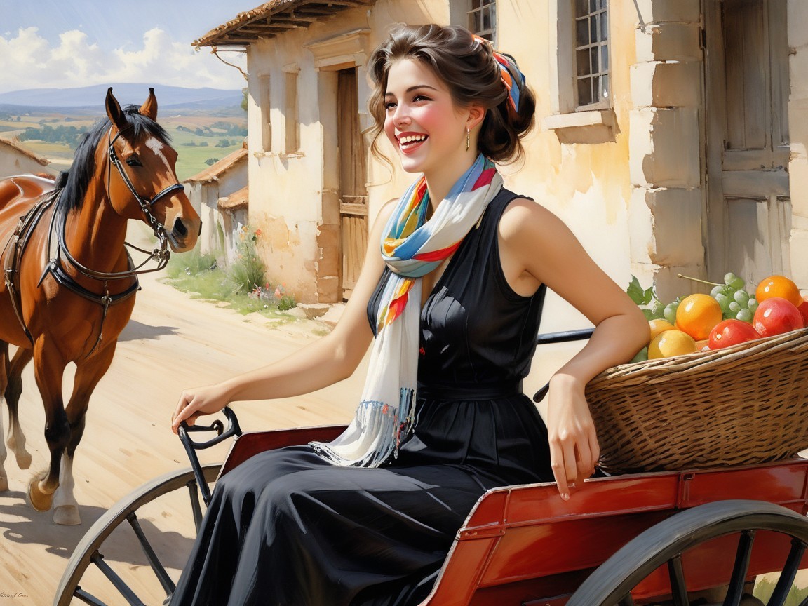 Young woman in black dress with fruits in rural scene