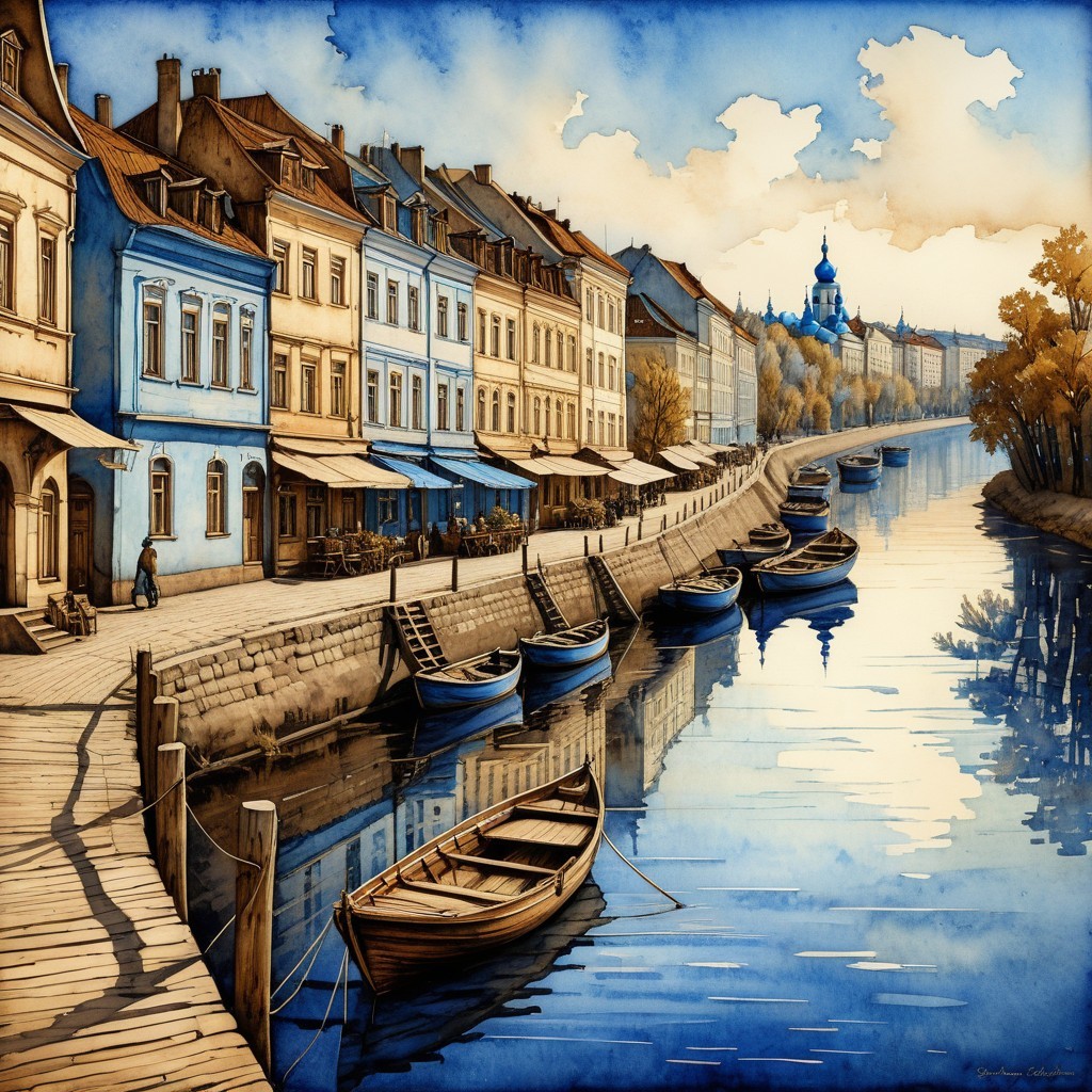 Serene Riverside Scene with Colorful Buildings and Boats