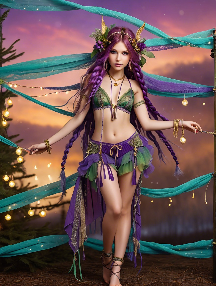Elegant figure in vibrant purple and green costume