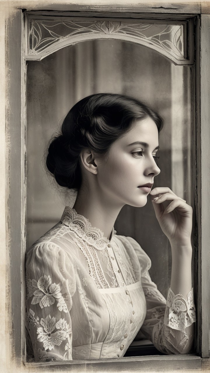 Vintage Portrait of a Thoughtful Young Woman by Window