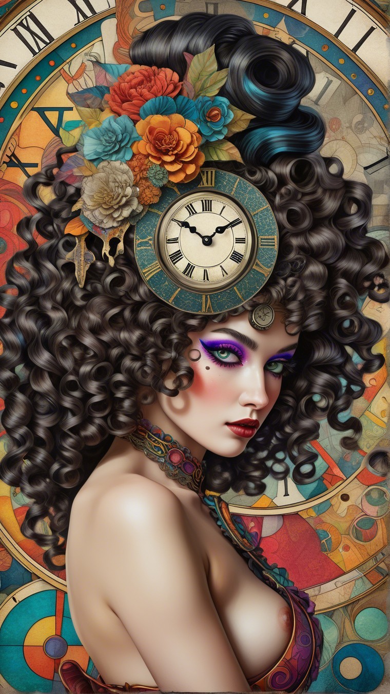 Woman with Curly Hair, Flowers, and Vintage Clock