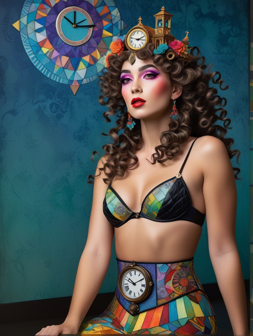 Model with Curly Hair, Floral Accents, and Patterns