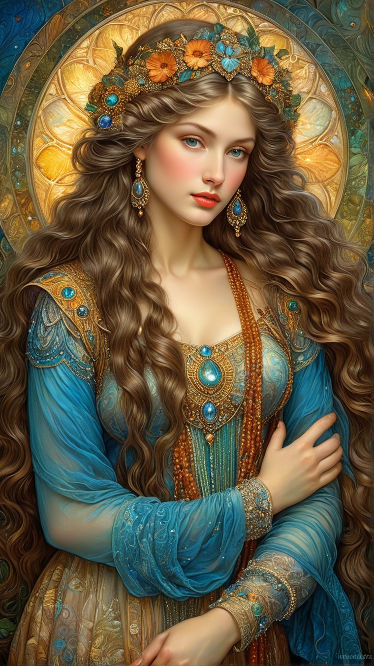 Portrait of a woman in colorful dress with floral adornments