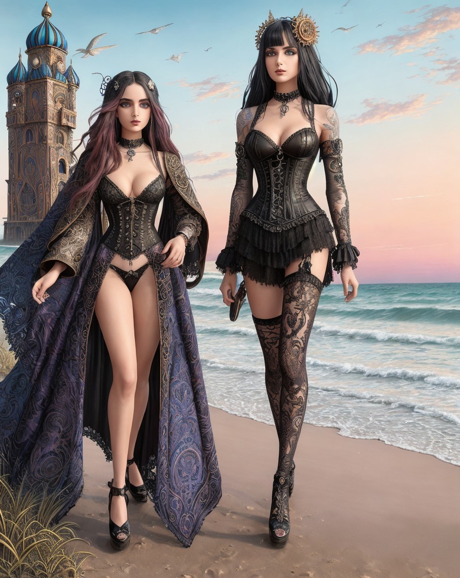 Elegant Women in Dramatic Attire at Sunset Beach