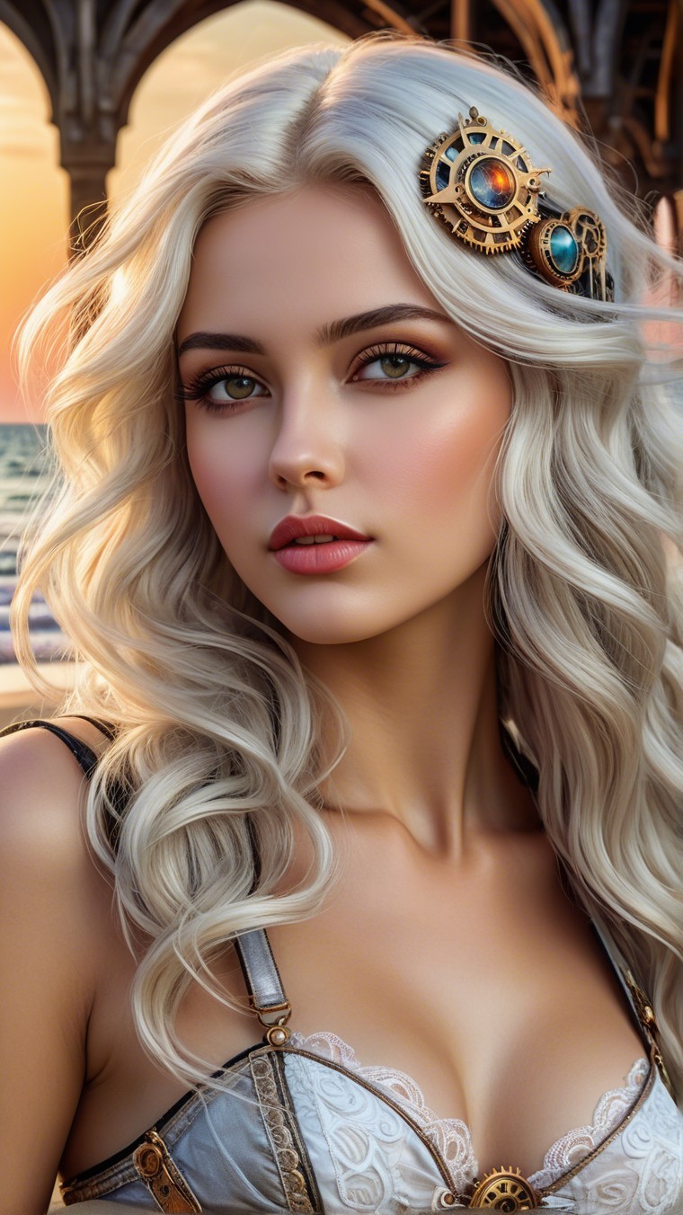 Young woman in steampunk attire at sunset by sea