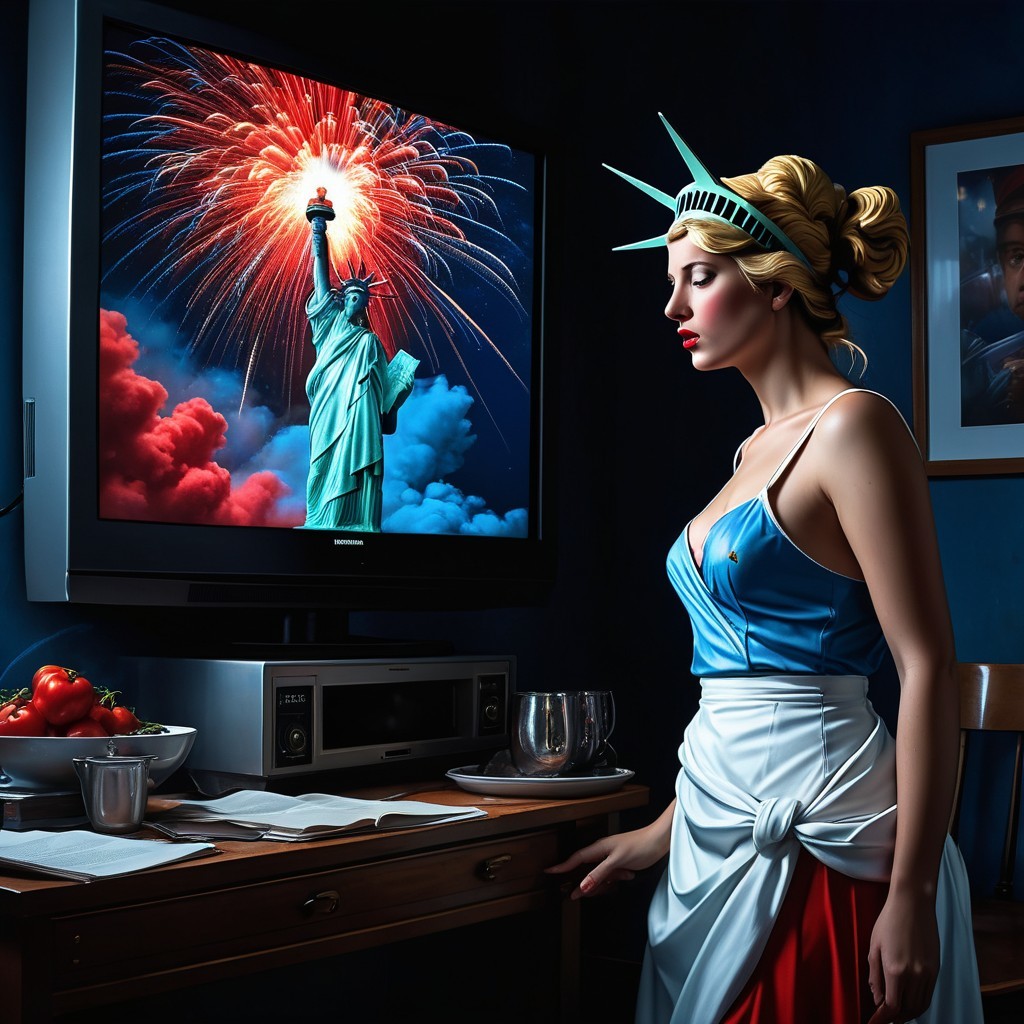 Woman in Statue of Liberty Costume in Dim Room