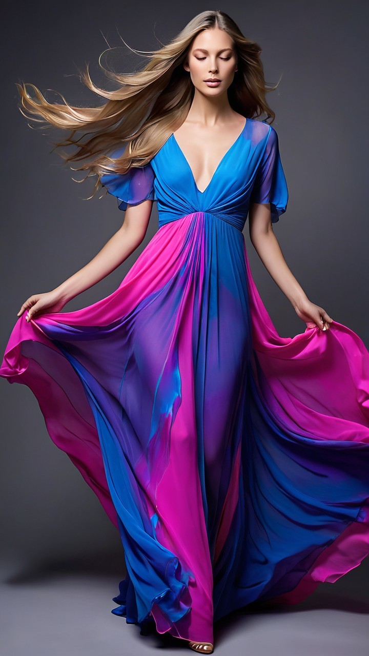 Model in Vibrant Blue to Pink Flowing Gown