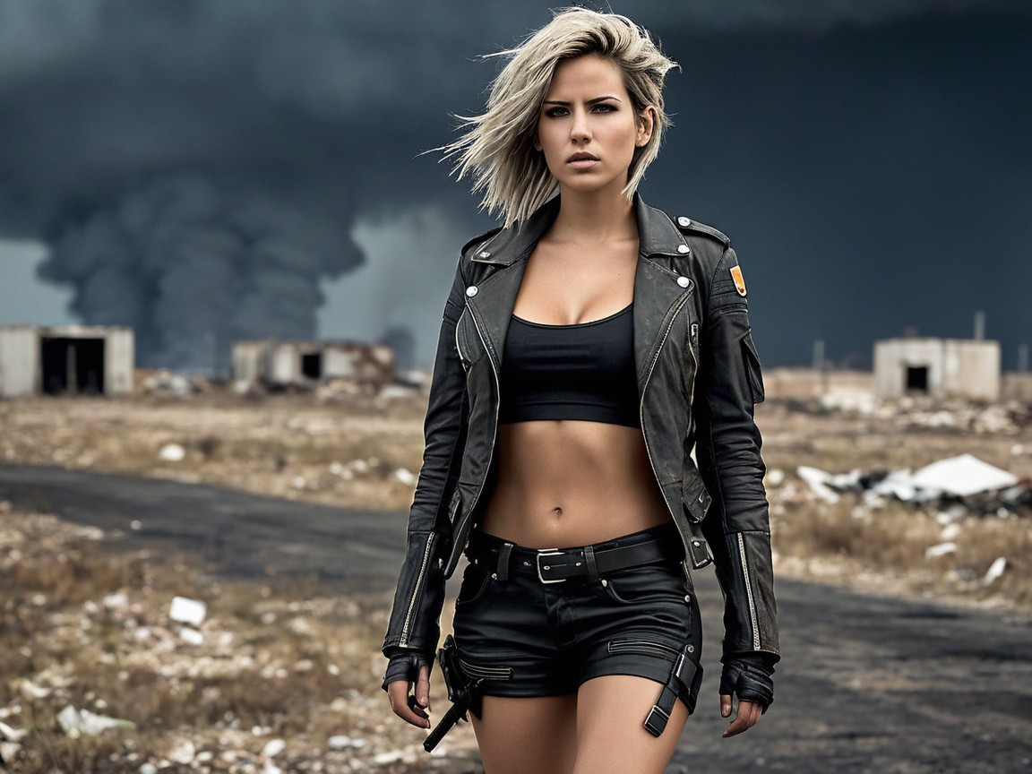 Fierce Woman in Rugged Landscape with Dark Smoke