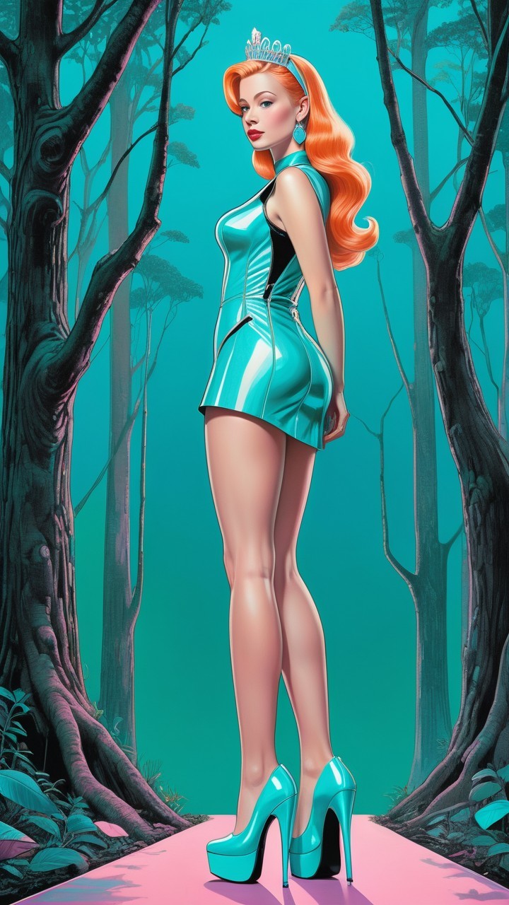 Stylized Woman in Surreal Forest with Glamorous Attire