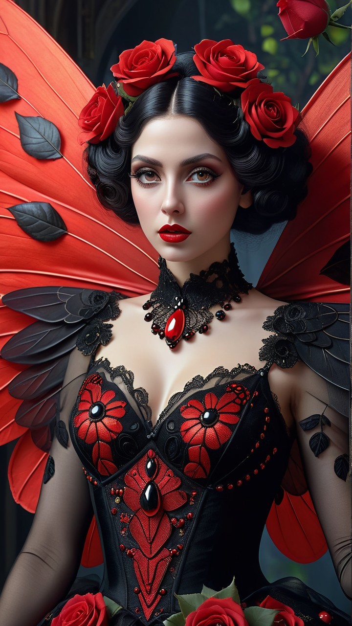 Butterfly Wing Figure in Red and Black Gown